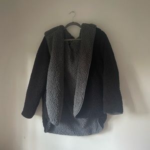 black and grey urban outfitters fuzzy coat